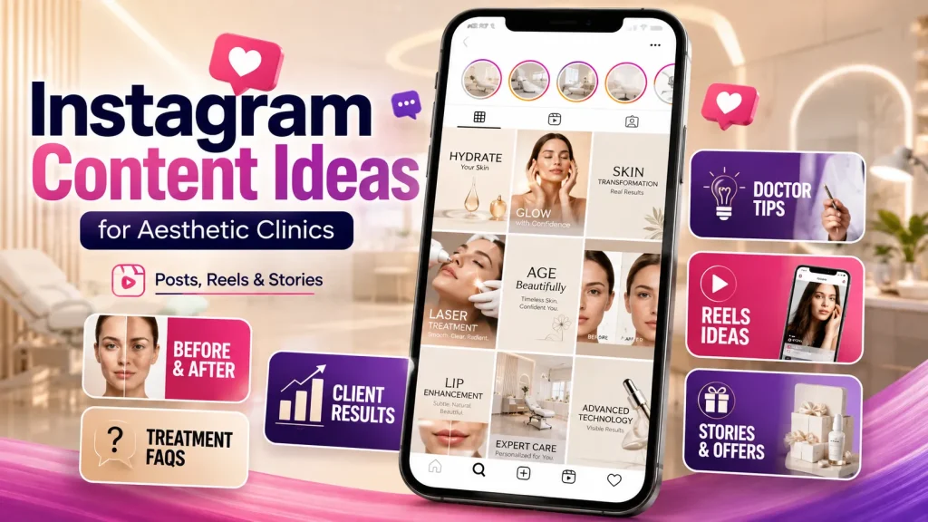 Aesthetic clinic Instagram feed showing treatment education, before-and-after results, patient questions and behind-the-scenes content
