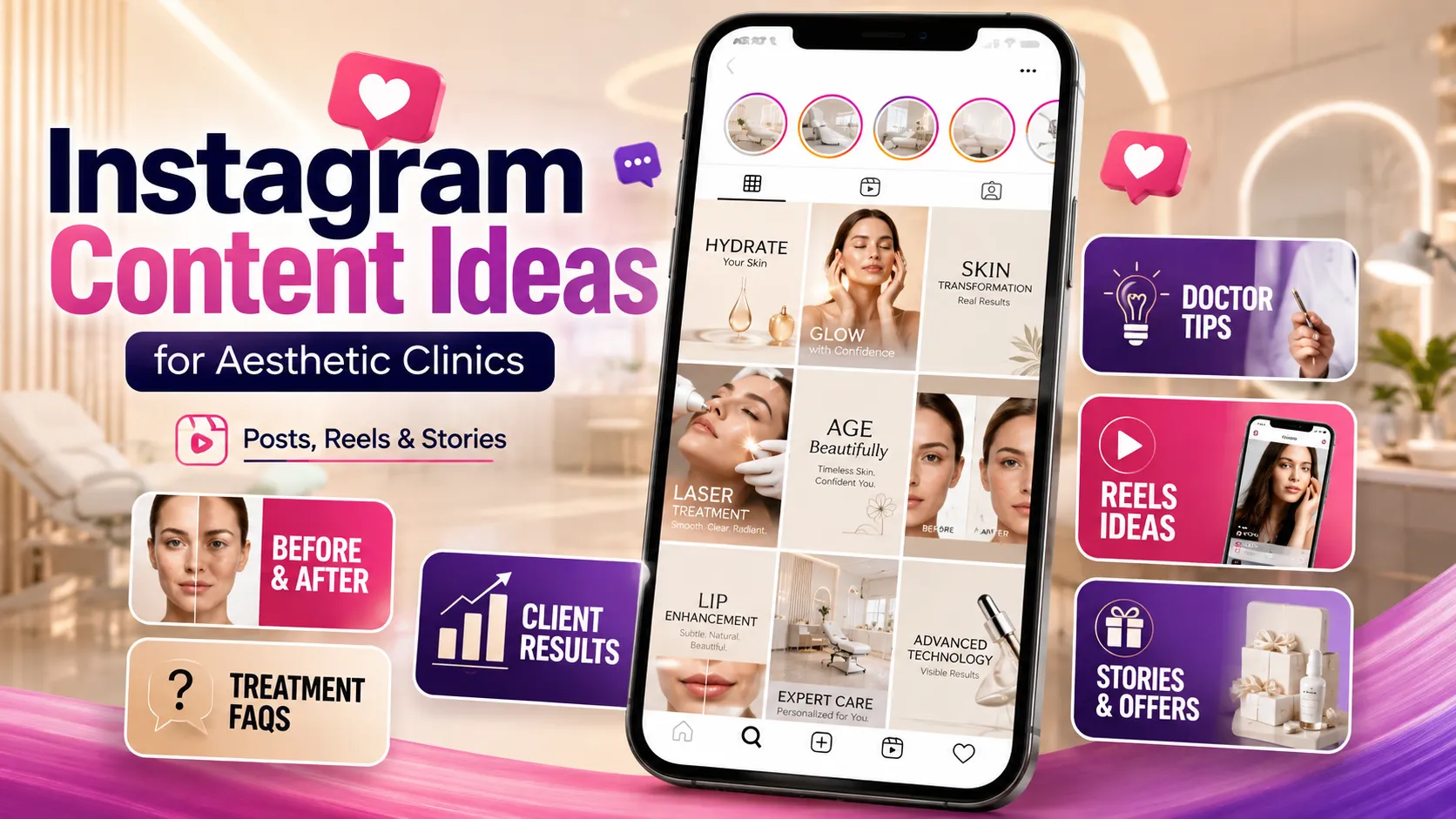 Aesthetic clinic Instagram feed showing treatment education, before-and-after results, patient questions and behind-the-scenes content