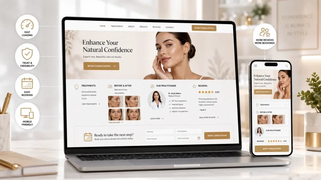 Aesthetic clinic website displayed on desktop and mobile with online booking, treatment pages, reviews and trust-building features